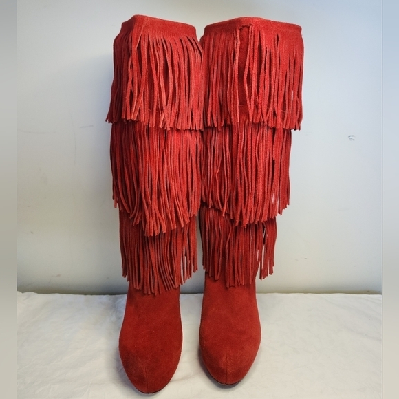 Red Leather Platform Stiletto Boots - Picture 3 of 16